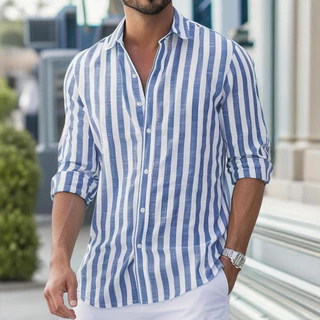 Camisa Social Masculina Casual De Verão Manga Longa Com Listras E Linho Gola Botão