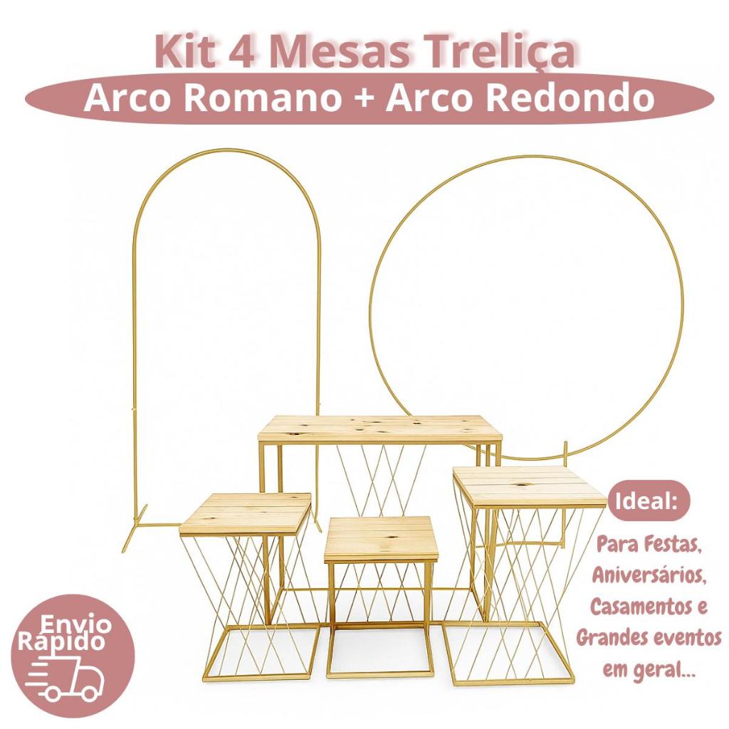 Kit Completo 4 Mesas Treliça + Painel Arco Romano + Redondo Desmontável P/ Festas Decoração Promoção