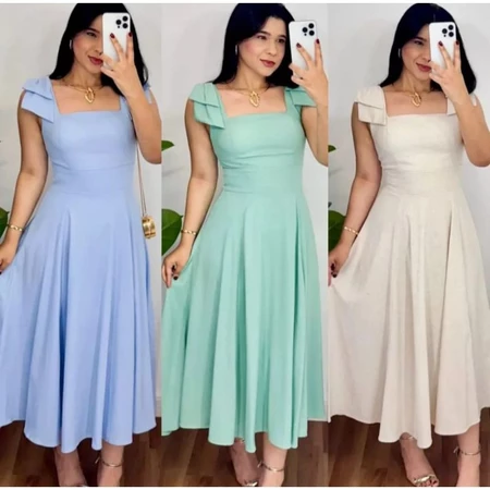 Vestido Feminino de Linho Luxo Midi Para Festa Com Laço no ombro