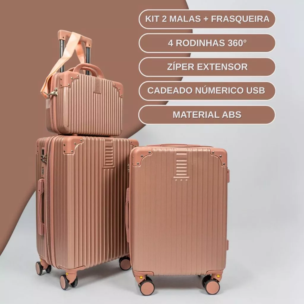 Kit 2 Malas de Viagem + Frasqueira, Cadeado Numérico, Padrão ANAC, Rodas 360° e Zíper Extensor