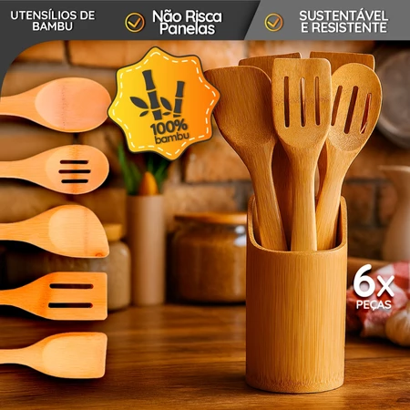 Kit 6 utensílios de bambu natural sustentável com suporte