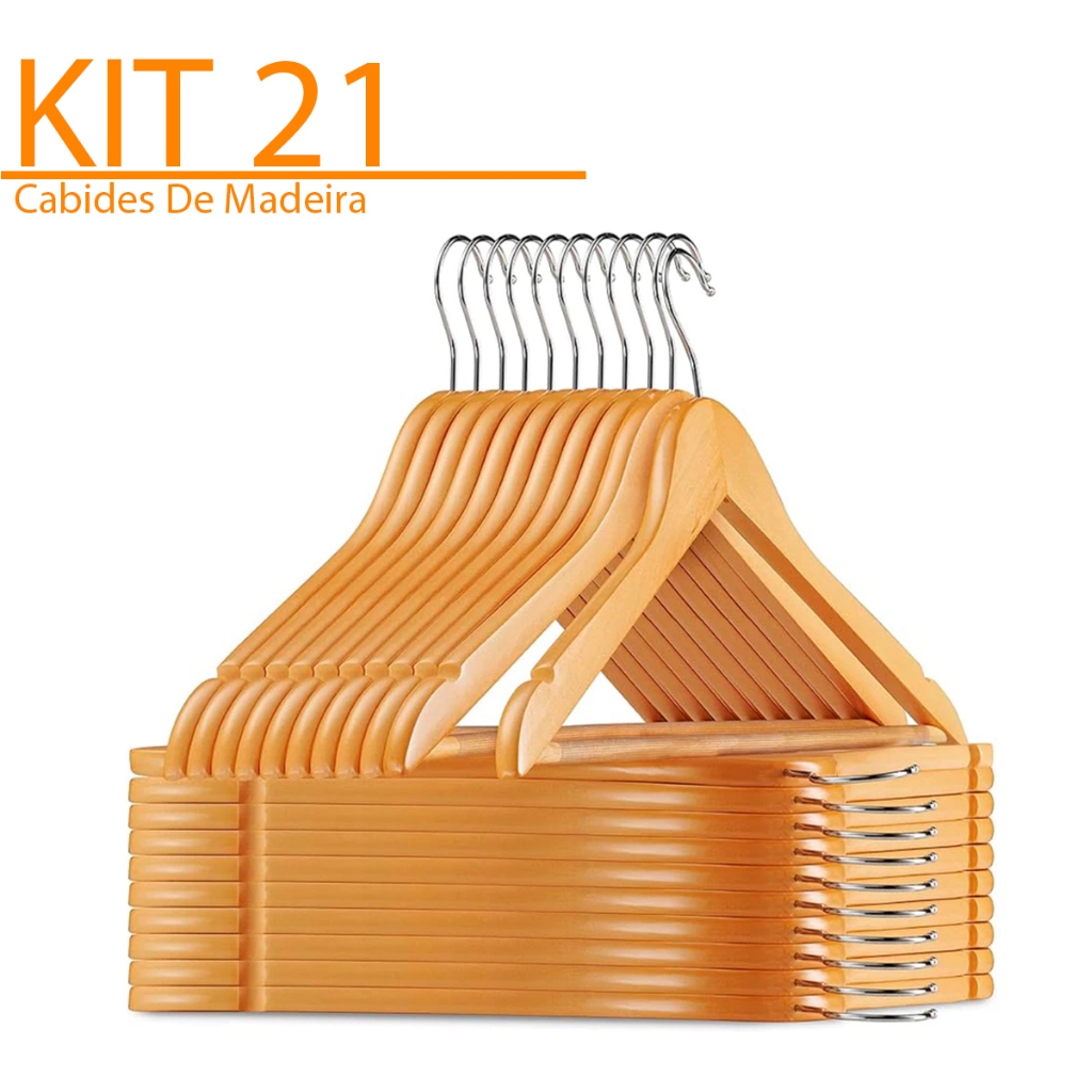 Kit 21 Cabides De Madeira Premium Marfim Para Roupas Calça Gancho Cromado