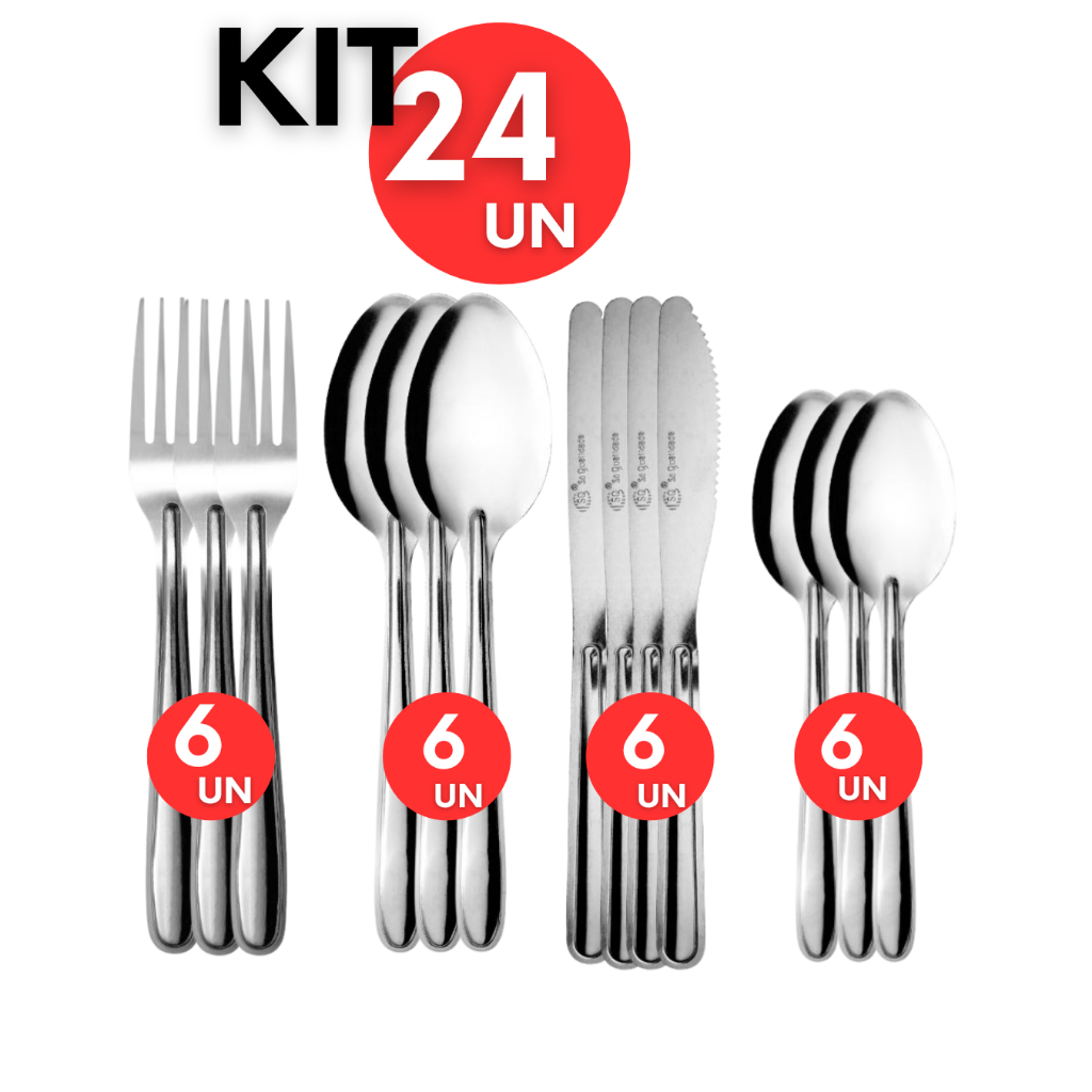 Kit 24 Talheres em Aço Inoxidável 6 Garfos 6 Facas 6 Colheres 6 ...
