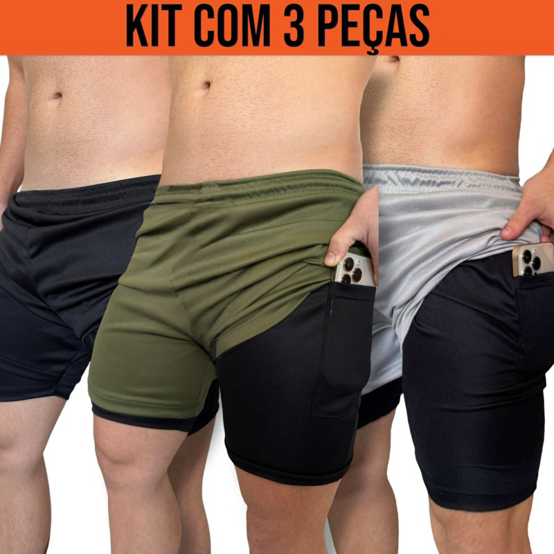 Kit 3 Shorts Para Academia Bermuda 2 em 1 Forrados Com Bolso Extra Original