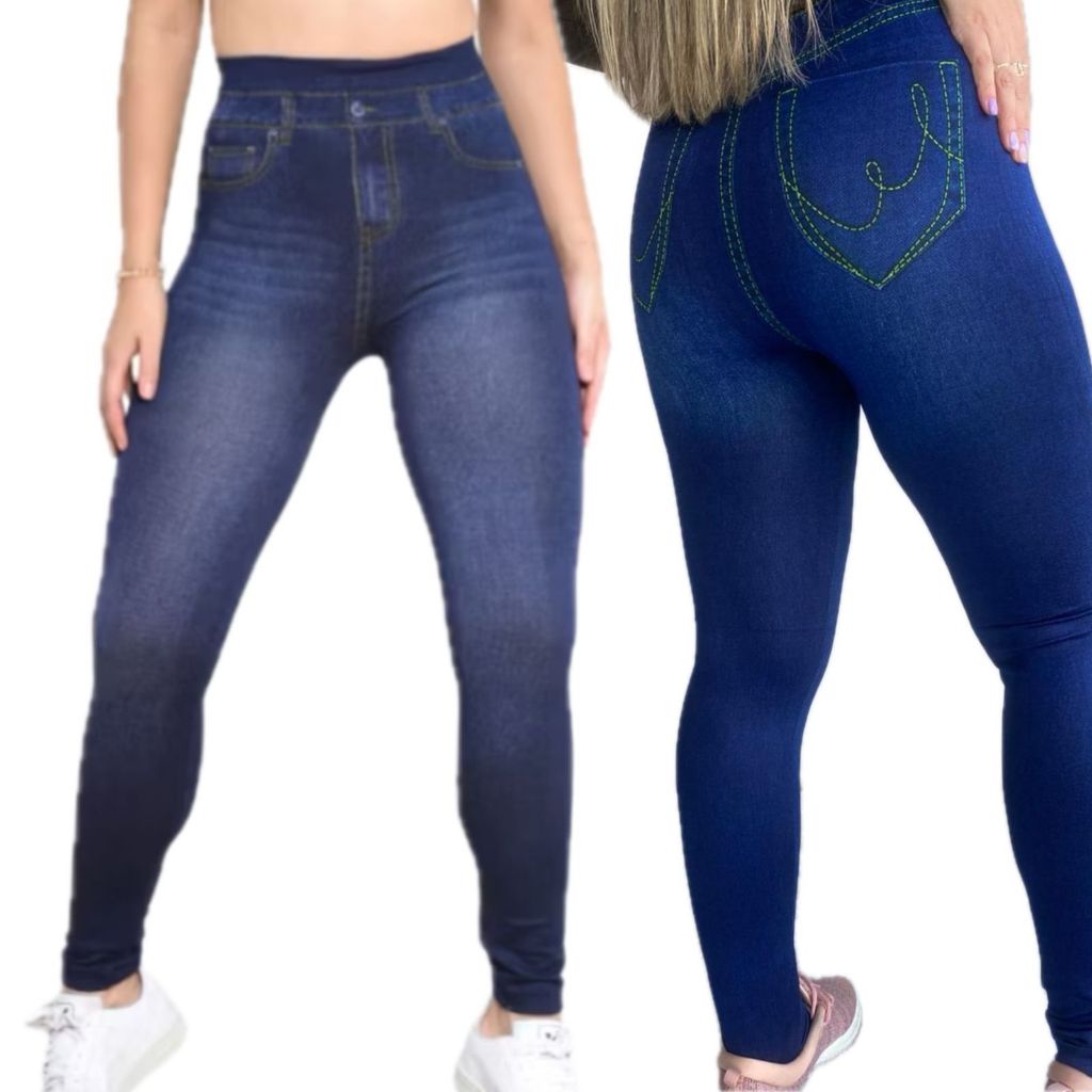 kit Calça Legging Imita Jeans Fake Feminino Legg Academia