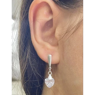 Par de Brincos pendurado 26mm com pingente Coração de zirconia em prata 925 Legítima