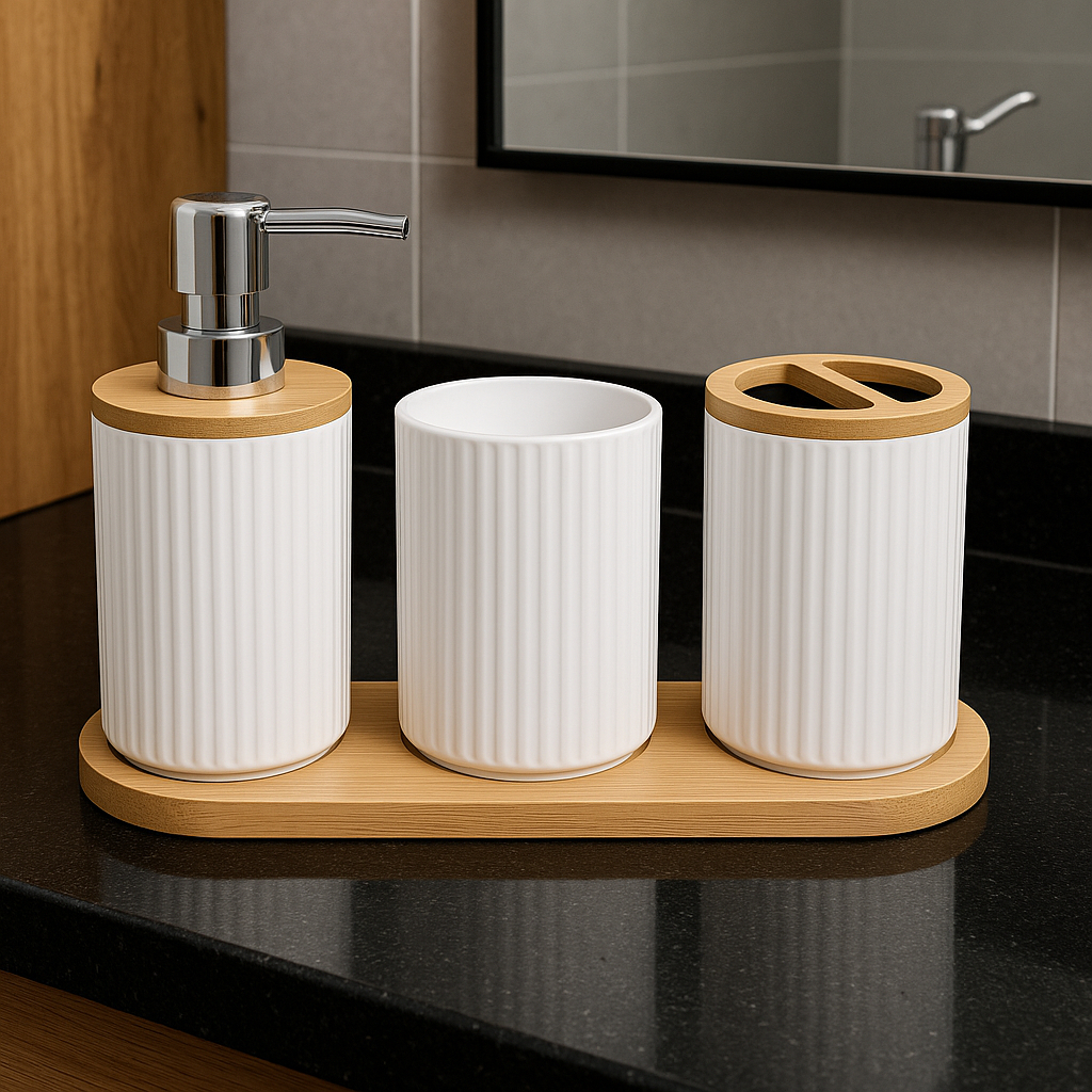 KIT BANHEIRO LAVABO 4 PEÇAS COM 1 BANDEJA DE BAMBU 1 PORTA ESCOVA 1 ...