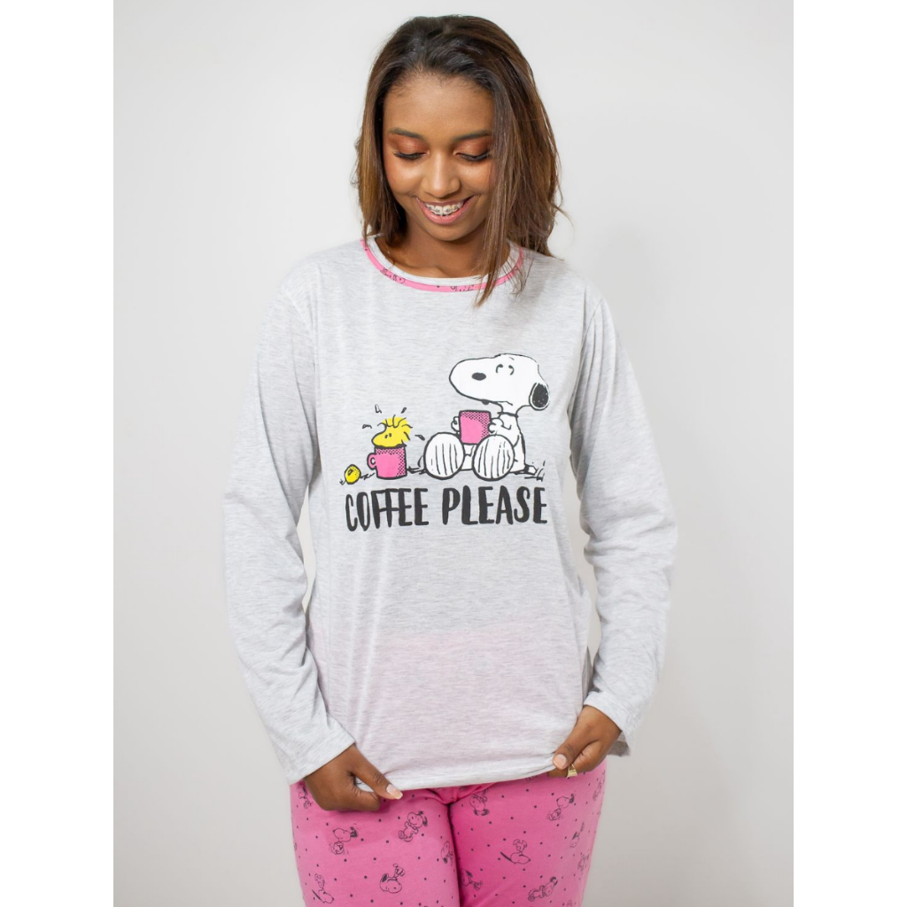 Pijama Longo Feminino Adulto Snoopy Inverno Manga Longa Calça Cumprida ...