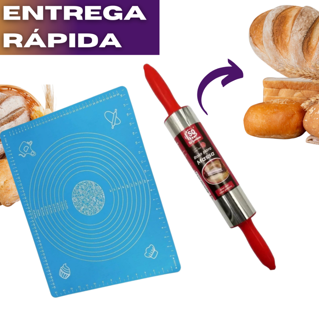 Kit Rolo para Massas Inox e Tapete Culinário Antiaderente pa