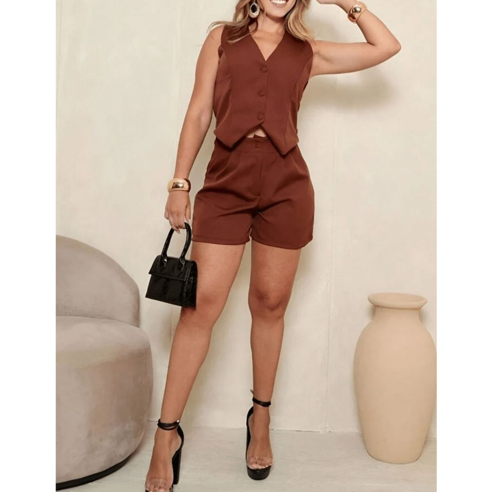 CONJUNTO ALFAIATARIA FEMININA SOCIAL SHORT E COLETE