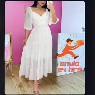 Vestido Chiffon de Seda, Manga 3/4, Gola V, Saia 4 Marias, Forrado (Moda Feminina Evangélica)