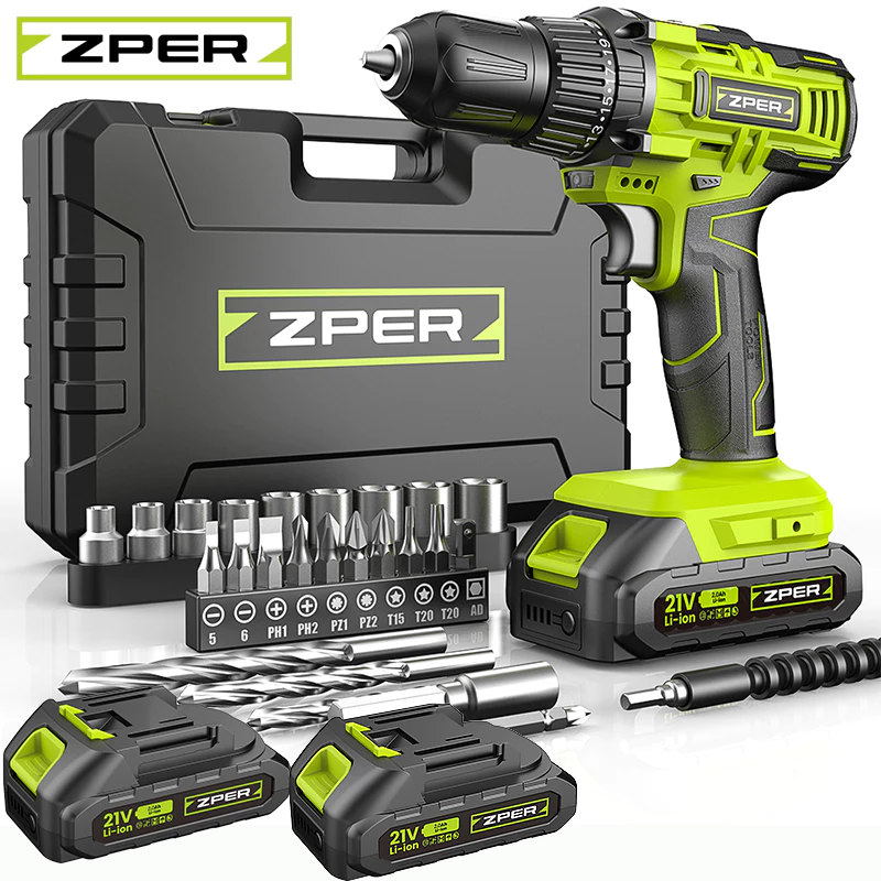 ZPER Furadeira Parafusadeira A Bateria 21V Com Duas Bateria Maleta Kit Ferramentas Completo
