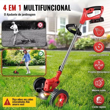 Roçadeira Aparador de Grama Elétrico Recarregável Com Rodas 2 Baterias de Lítio kit completo