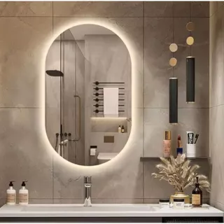 Espelho Grande De Parede Oval Com Led Moldura Couro Orgânico Banheiro Sala Quarto Luz Quente E Fria