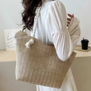 Bolsa Tote com Alça de Ombro Trançada de Palha, Estilo Minimalista e Moderno, Casual, Diária, de Férias, Personalizada Bolsa Tote com Alça de Ombro Trançada de Palha, Estilo Minimalista e Moderno, Casual, Diária, de Férias, Personalizada