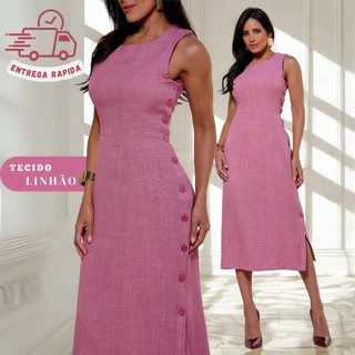 Vestido feminino tubinho cor rosa forrado internamente e fenda na lateral junto com botão regulável