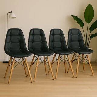 Conjunto 4 Cadeiras Estofadas Para Mesa De Jantar Charles Eames Eiffel Botone Preta Base Madeira