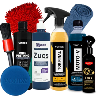 Kit Completo Para Lavagem de Moto Shampoo Moto-V Cera Tok Final Pneu Pretinho Foxy Zucs Líder 