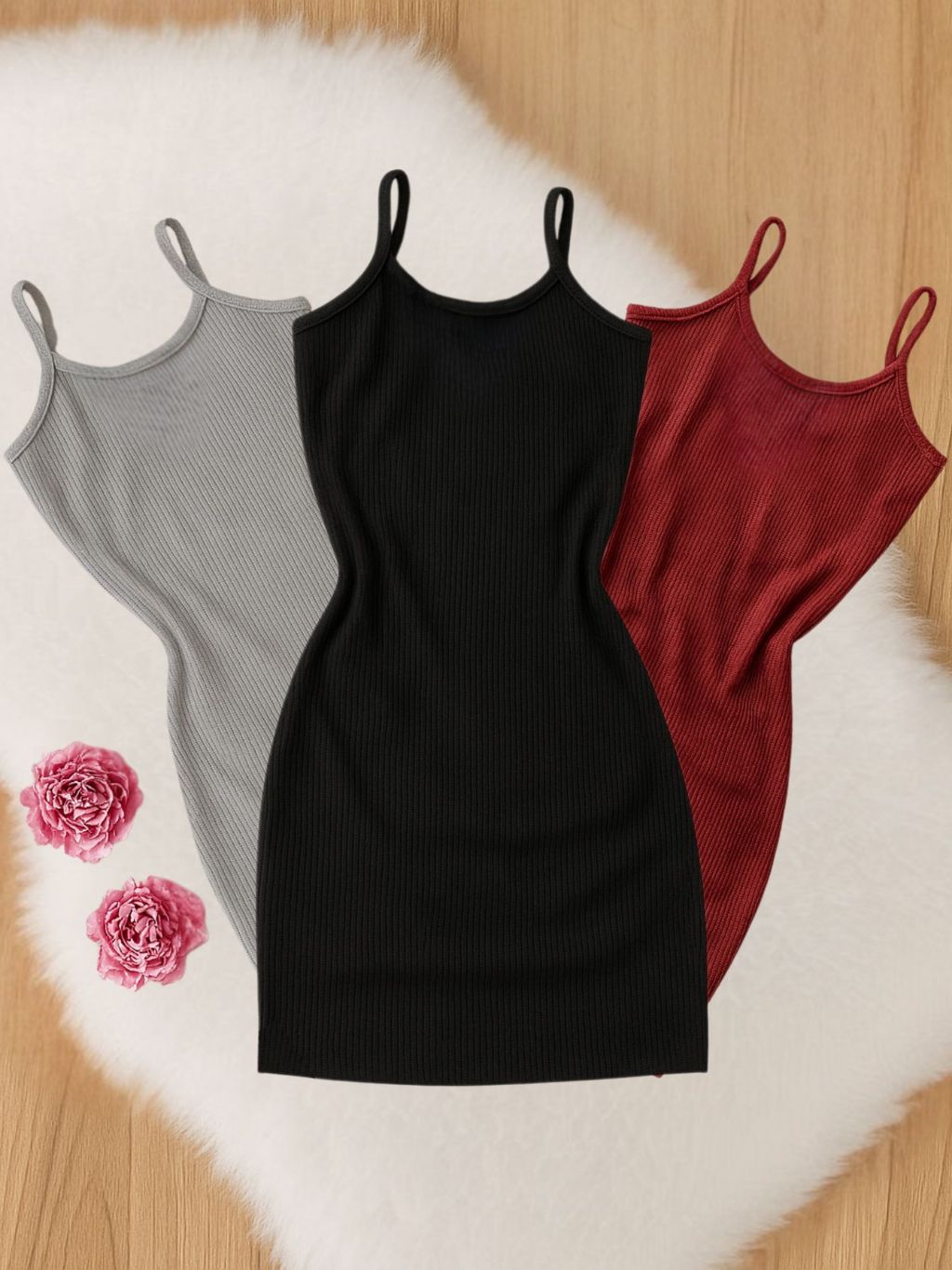 Kit 3 Vestidos Canelado Feminino de Alcinha Curto midi Moda Tubinho