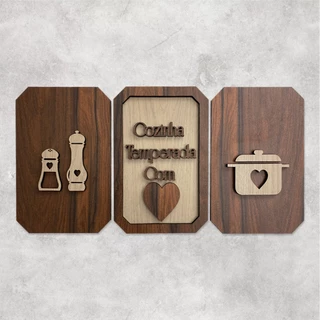 Kit 3 Quadros Decorativos Mdf 30cm Decoração Para Cozinha Espaço Gourmet Plaquinha Cozinha Temperada