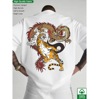 Camiseta Streetwear 100% Algodão Guerra de tigre e dragão, Moda Casual Tiger And Dragon War, Novo!!