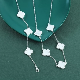 KIT ZANNE COLAR E PULSEIRA TREVO BRANCO DA SORTE VIRGINIA FOLHEADO A PRATA 925 OU OURO 18K