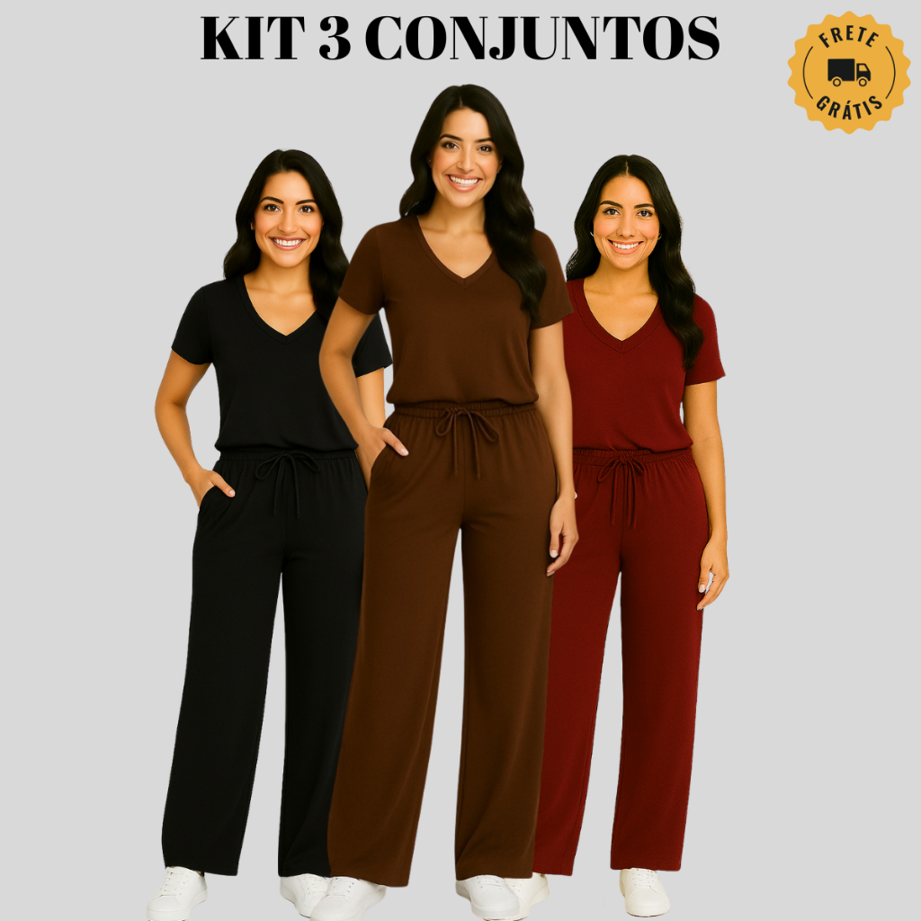 Kit 3 Conjuntos Femininos Manga CURTA – Malha Viscolycra Pantalona Wide ...