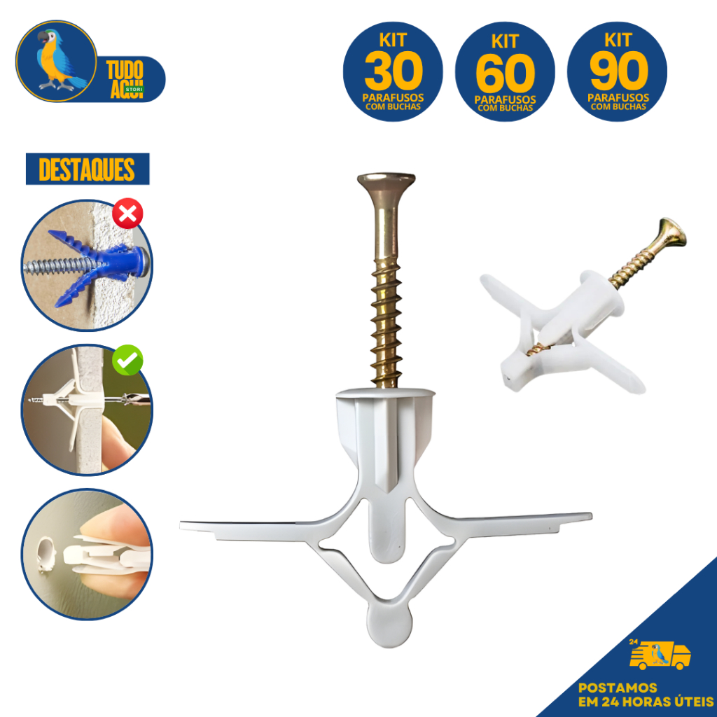kit 90 Buchas Nylon com Parafusos 8mm para Drywall e Gesso | Fixação ...