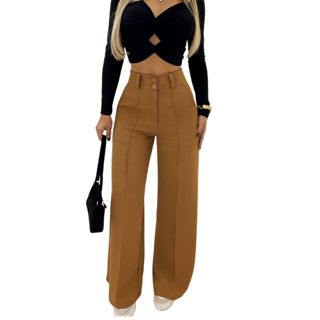 Calça pantalona femenina de alfaiataria con 2 botones cintura alta