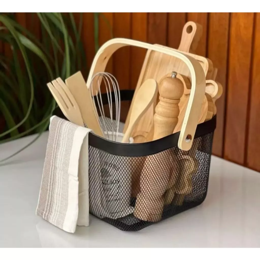 Cesto Fruteira Organizador Caixa Decorativa Multiuso de Metal com Alça Bambu