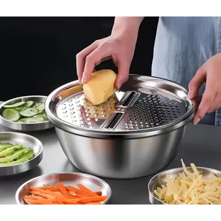 Kit 4 Em 1 Ralador Fatiador Bacia Inox Tigela Saladeira 26cm Ideal para Legumes e Queijos
