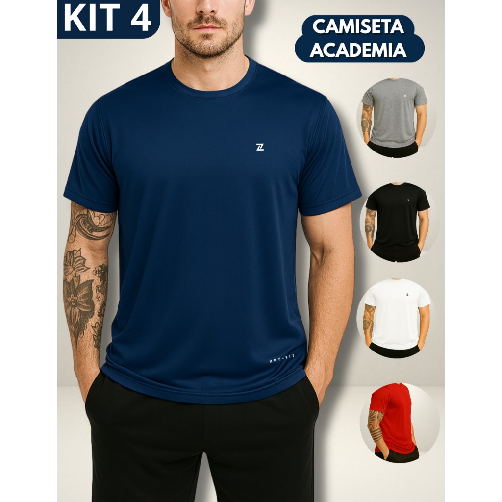 KIT 4 Camisetas Dry Fit Masculina - Fitness, Casual, Corrida, Esportes e Exercício