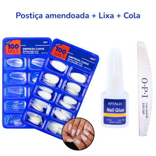 Kit 100 unhas postiças amendoadas + cola