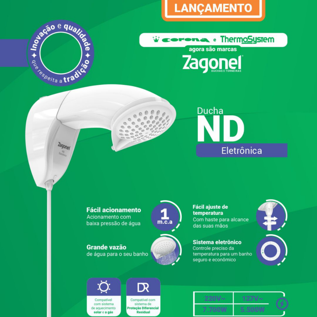 Ducha Eletronica ND Zagonel/HYDRA 220V 7700w / 127v /5500w