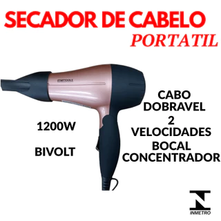 Secador De Cabelo Dobrável 1200W Bivolt Alça Bocal Dois Níveis de Temperatura