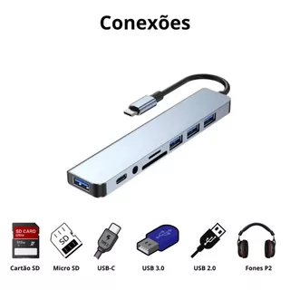 Hub USB e USB-C p/ Macbook com Leitor SD/TF Áudio 3.5mm 8 em 1 Leitor Cartão SD e Micro SD