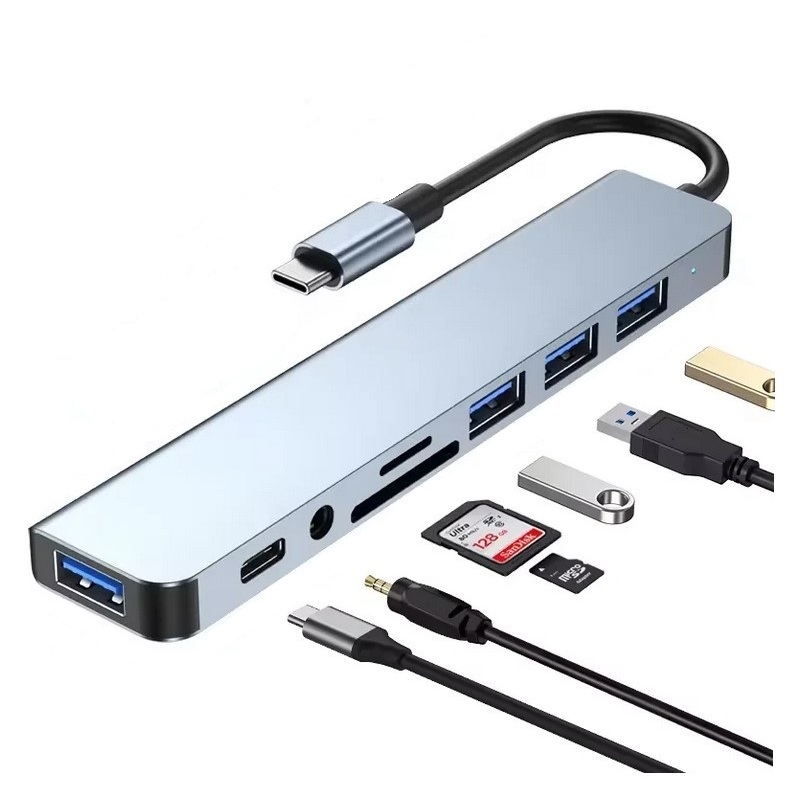 Hub USB e USB-C p/ Macbook com Leitor SD/TF Áudio 3.5mm 8 em 1 Leitor Cartão SD e Micro SD