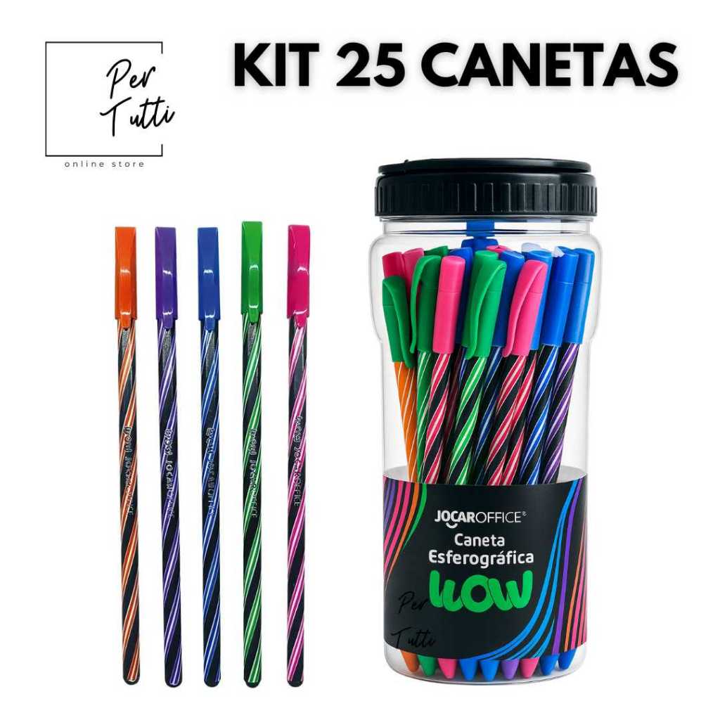 Caneta Esferográfica Wow 0.7mm Colorida Jocar Office Kit 25 Unidades ...
