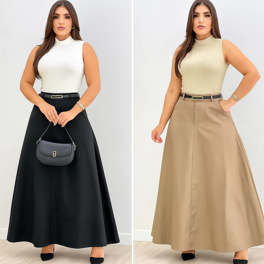 Saia Longa Alfaiataria Evangélica Casual Básica Inverno Cintura Alta Rodada Godê