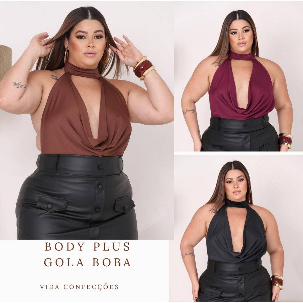 Body Feminino Plus Size com Gola Boba Choker e Decote Profundo em ...