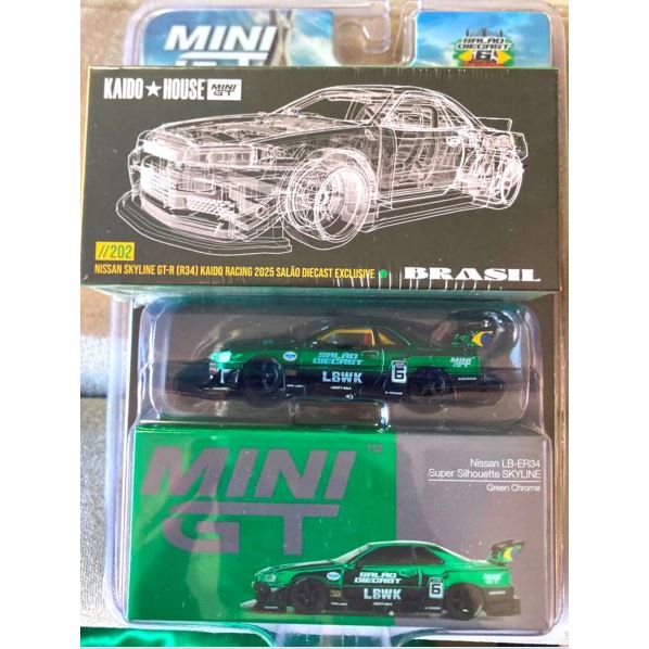 Mini GT - Nissan Skyline Liberty Walk LBWK Green Chrome + R34