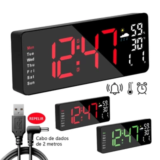 Relógio de Mesa Digital Grande Led Inteligente Com Despertador Alarme Temperatura Umidade E Soneca