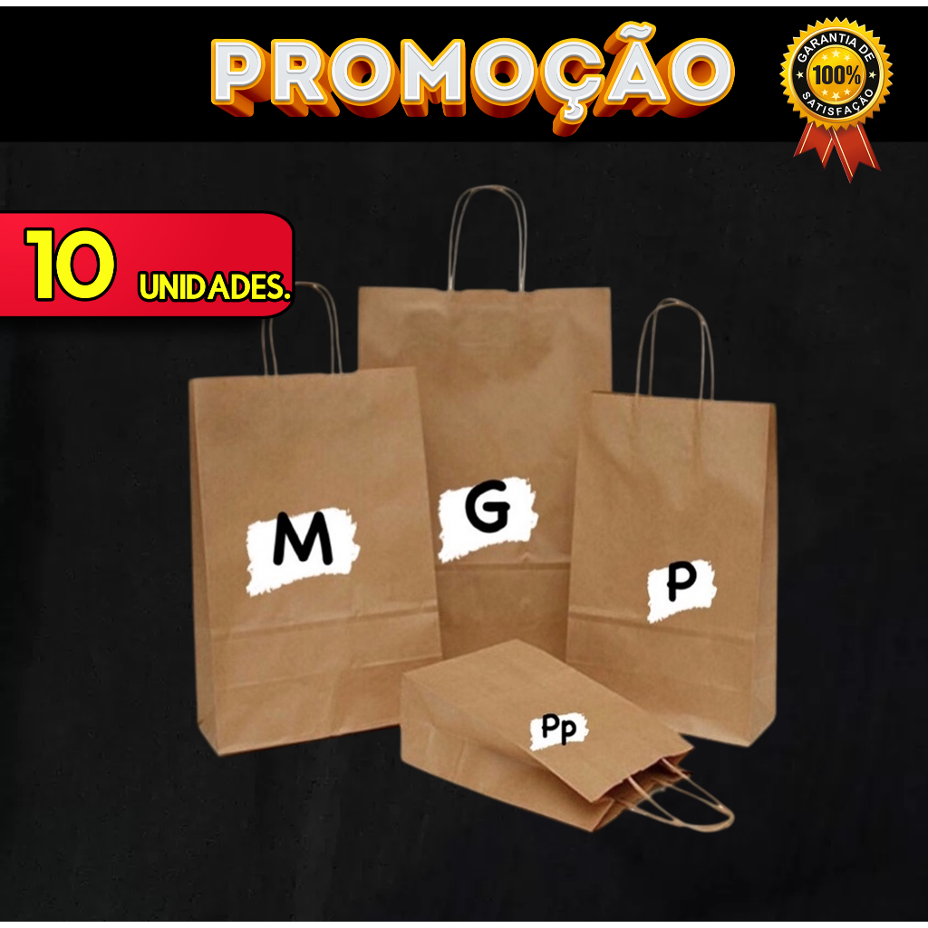 Sacola Kraft Com Alça - 10 UNIDADES - Tamanho ( PP / P / M / G )