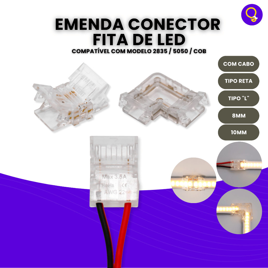 Kit 10 Conector Emenda p/ Fita Led 12V IP20, Com Fio, Reta ou 90° L 60L ...