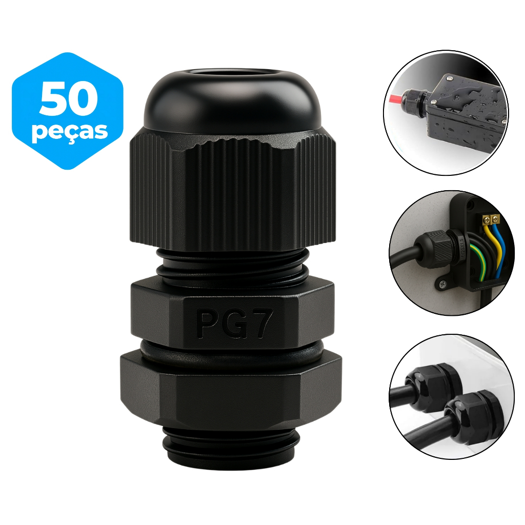 Wasserdichte PG7-Kabelverschraubung, Kunststoff, verstellbar, IP68, M12-Gewinde, Kabelverschraubung mit Kontermutter für 3,5–6 mm Draht, Schwarz, 100 Stück