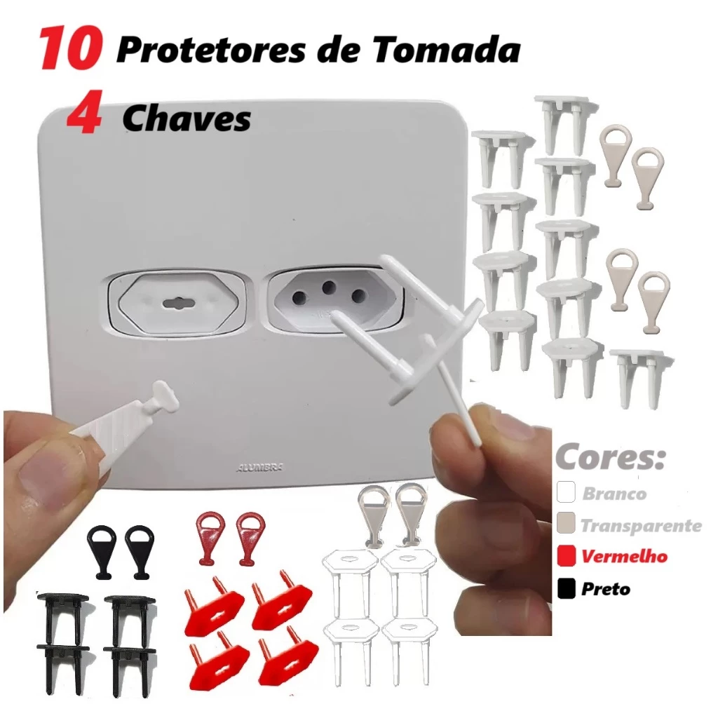 10 Protetores de Tomada e 4 Chavinhas Segurança bebê Cores