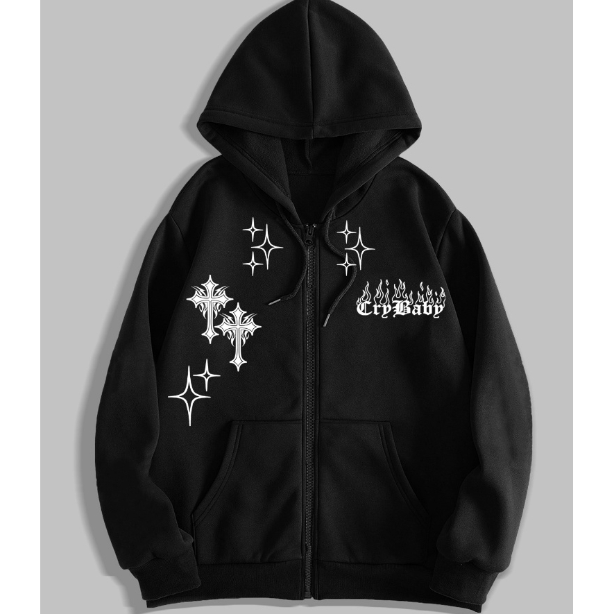 Moletom Gótico Streetwear Capuz Bolso ZíperEstampa Chamas Cruz Moda Urbana