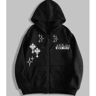 Moletom Gótico Streetwear Capuz Bolso ZíperEstampa Chamas Cruz Moda Urbana