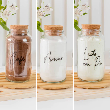 Kit cantinho do café 810ml | escolha seu kit | potes de vidro | tampa de cortiça com ou sem adesivos | armazenamento