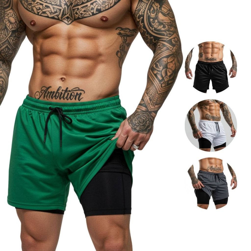 Kit 2 Shorts 2 Em1 Masculino Compressão Bolso Interno Para Celular Varias Cores